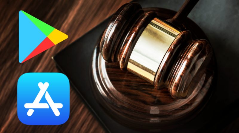 Logos de la Play Store y App Store junto a un mazo