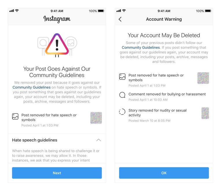 Aviso del cierre de cuenta de Instagram