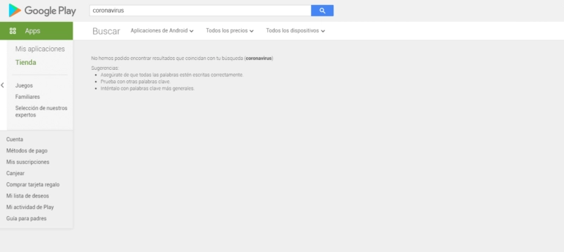 Google Play bloquea la palabra coronavirus