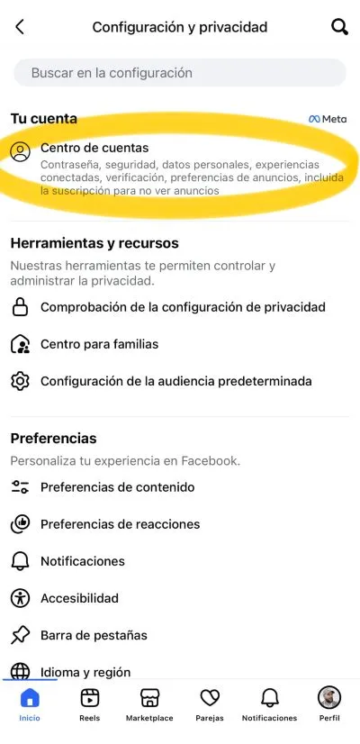 centro de cuentas en facebook
