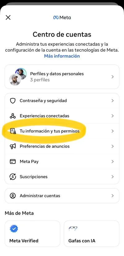 tu informacion y tus permisos Facebook