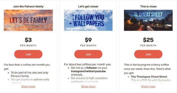 Ejemplo de recompensas en Patreon