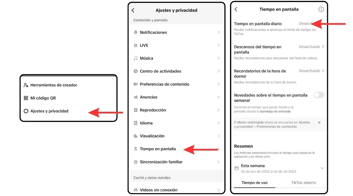 Activar Tiempo en pantalla TikTok