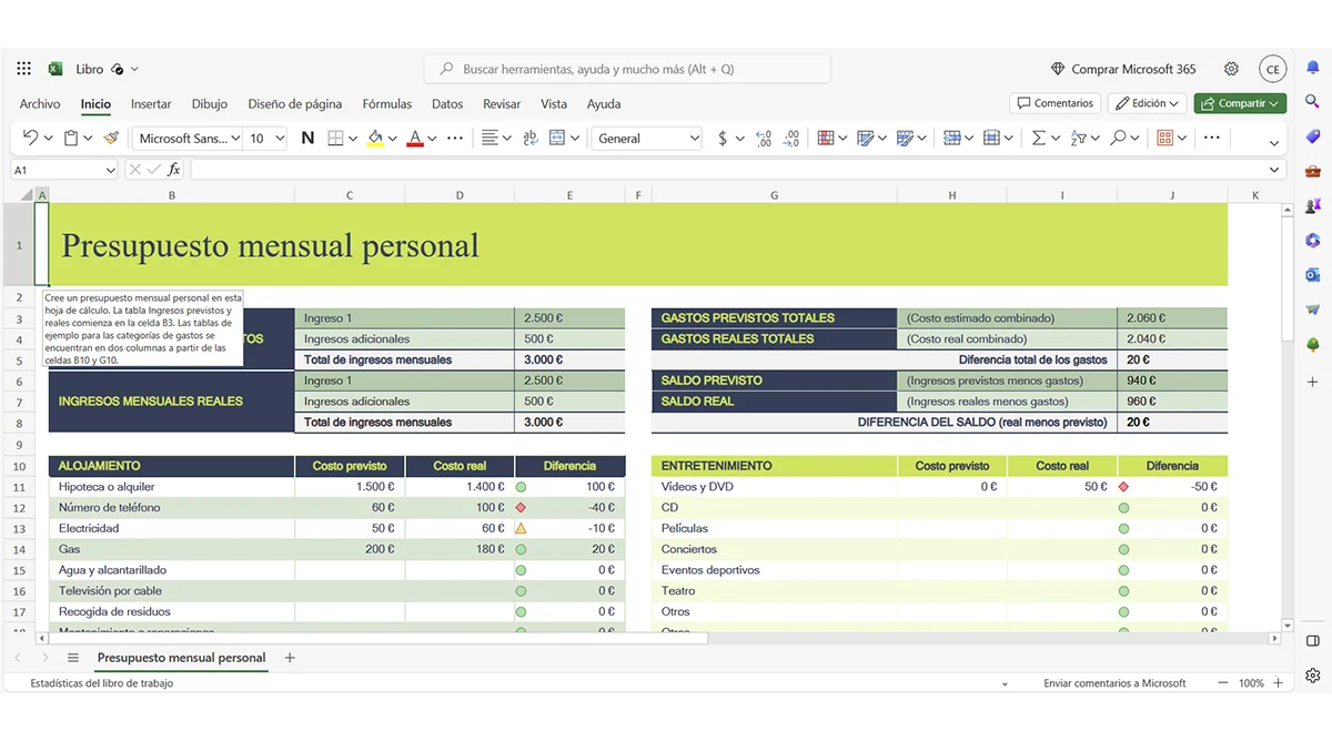 Hoja de cálculo Excel Online