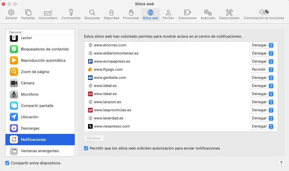 desactivar notificaciones web en Safari