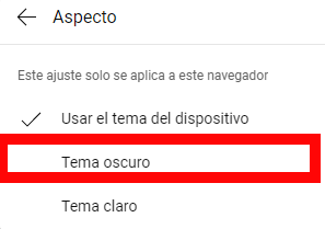 opcion modo oscuro