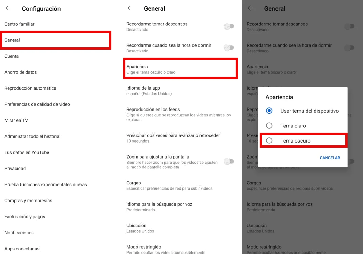 pantallas del modo oscuro en YouTube en Android