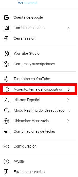 foto de modo oscuro youtube