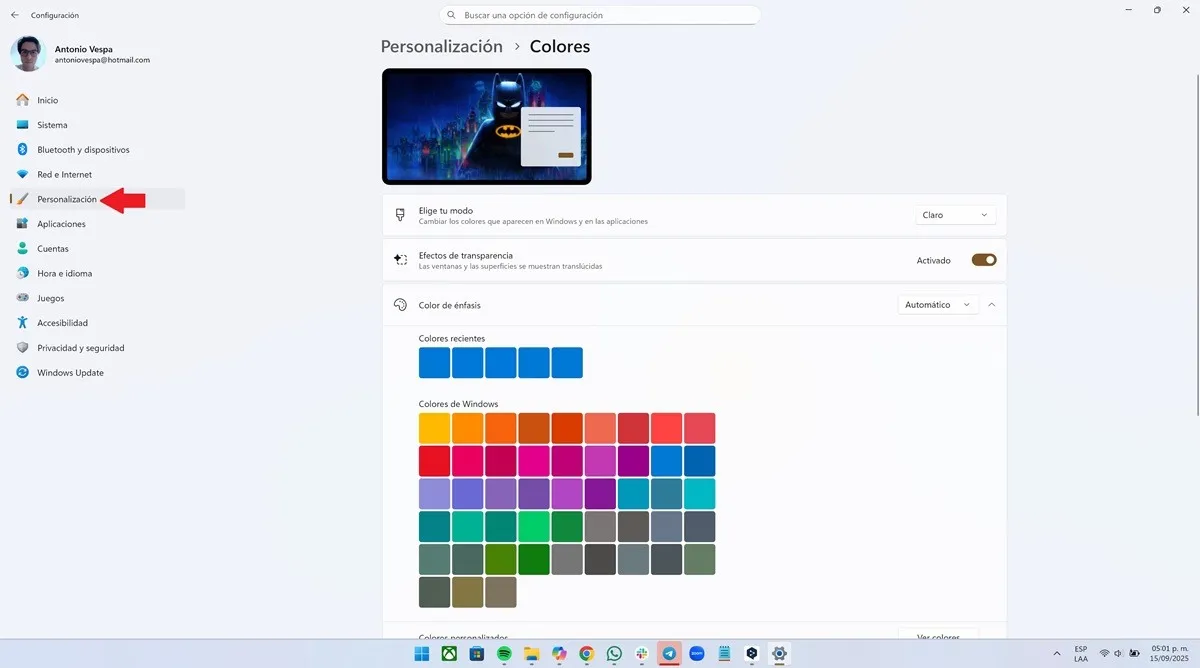 Opciones de Windows