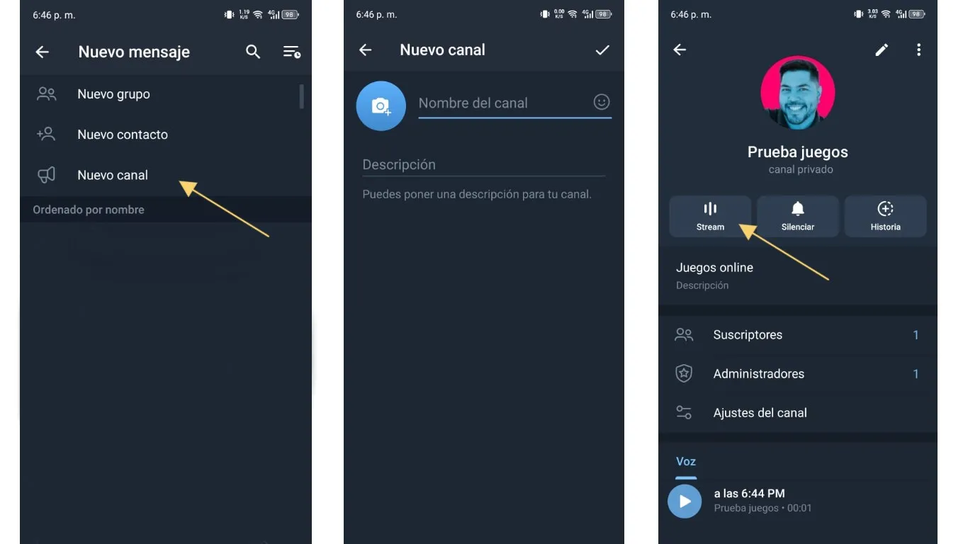 Crear canal de telegram y activar la opción de stream