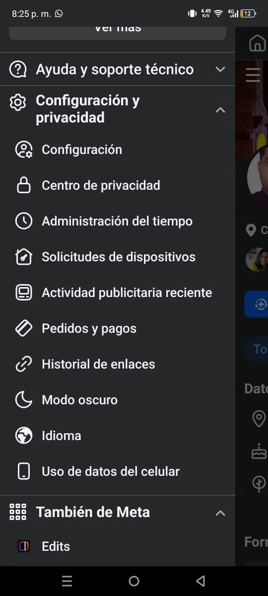 Acceso a los ajustes de Facebook