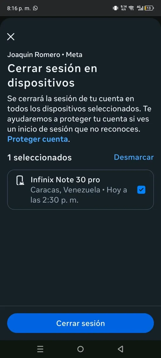 Dispositivos conectados a una cuenta de Facebook