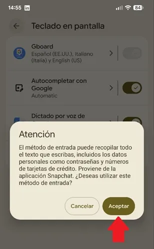 Mensaje del teclado
