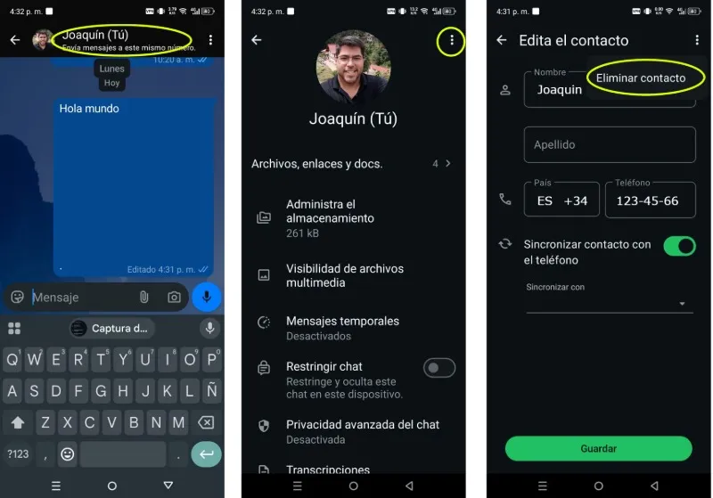 Pasos para eliminar contacto de whatsApp en Android