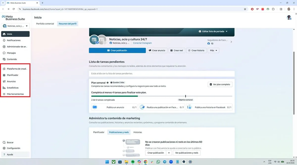 Panel de control de Facebook