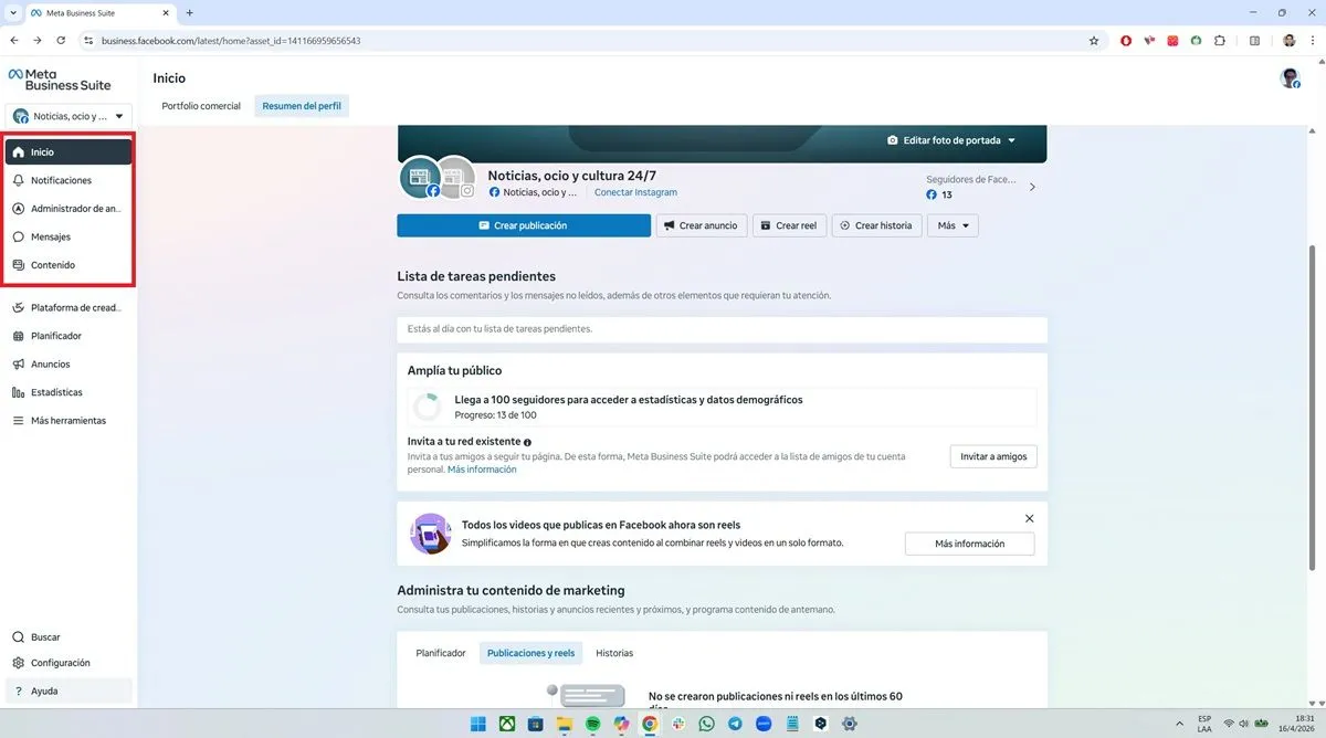 Opciones de Facebook