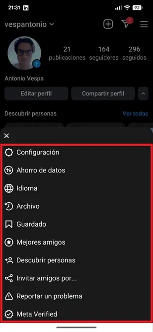 Opciones del menú