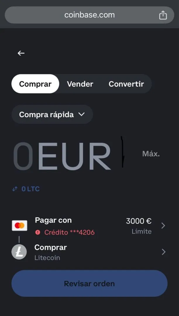 pantalla de selección de cuantía de Litecoin