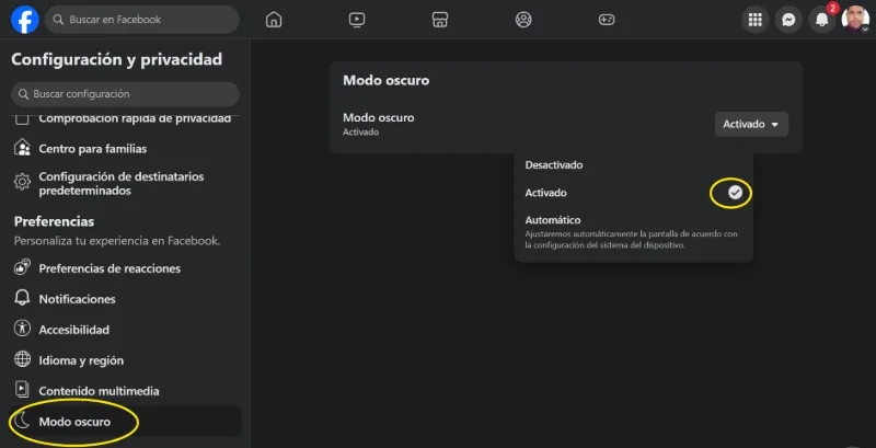 Cómo activar el modo oscuro en la web de Facebook