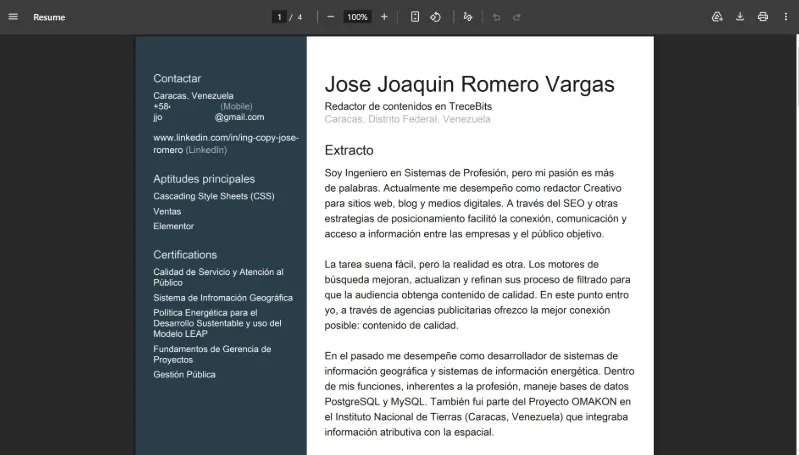 Currículum descargado de LinkedIn