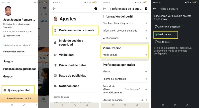 cómo activar el modo oscuro en la versión app de LinkedIn