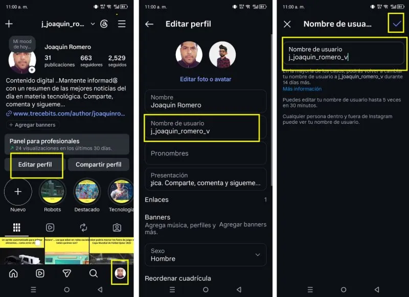 cómo cambia tu nombre de usuario en Instagram app