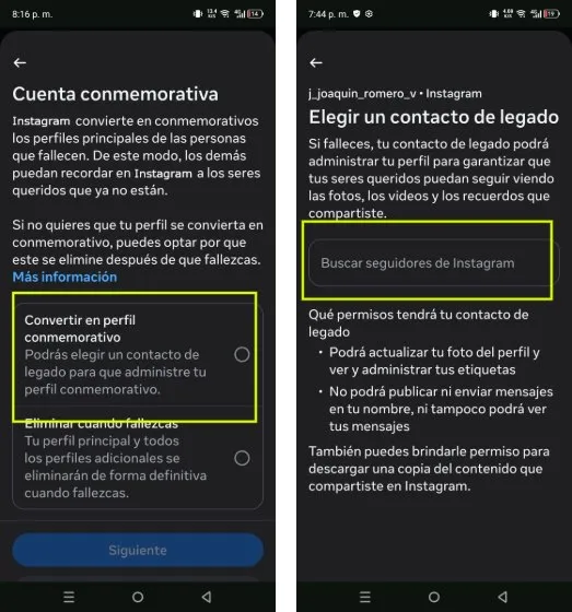 elegir contacto legado Instagram cuando fallezca