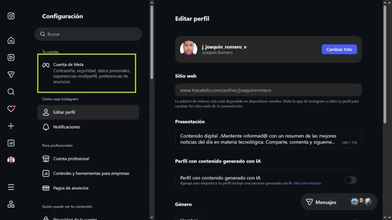 Cuenta Meta Instagram web