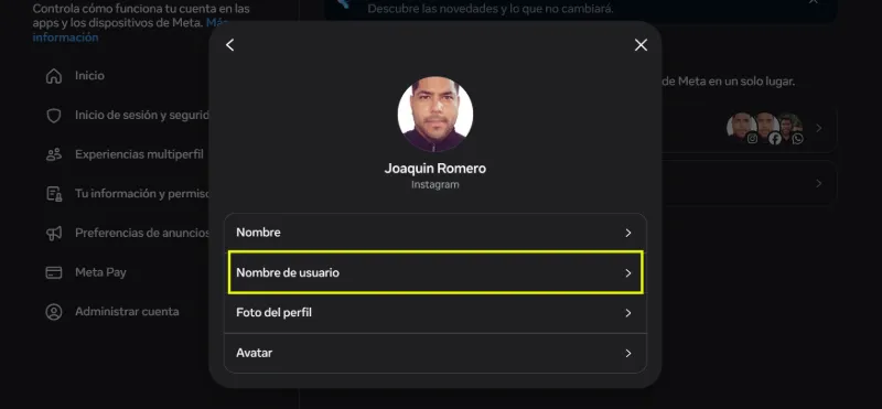Editar nombre de usuario Instagram web