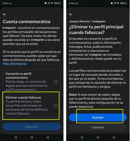 Eliminar cuenta de Instagram cuando fallezca