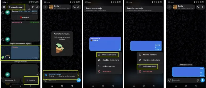 Cómo ocultar el remitente al reenviar mensaje desde Telegram app