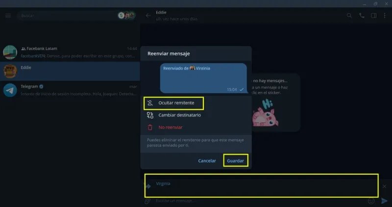 Ocultar remitente reenviar mensajes Telegram